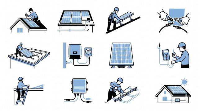 Set of illustrations showing workers installing solar panels and electrical equipment on house roofs and systems