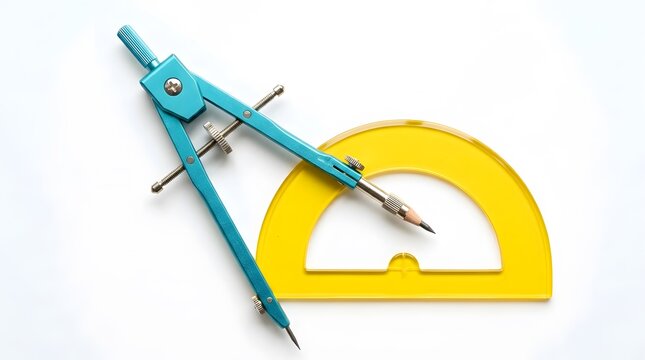 School geometry instruments including compass, protractor and drawing tools arranged on a white background