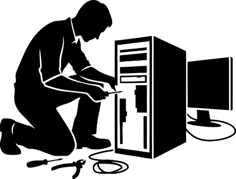 Black silhouette of a technician kneeling and repairing a desktop computer tower with tools on the floor on a white background