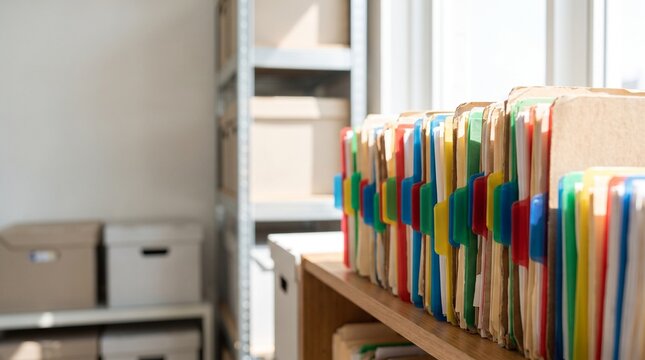 File folders on office shelf for document management and professional archiving system with colorful tabs and storage boxes in bright business environment background