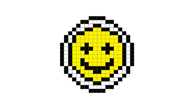 Pixelated yellow smiley face with black eyes and mouth, isolated on transparent background