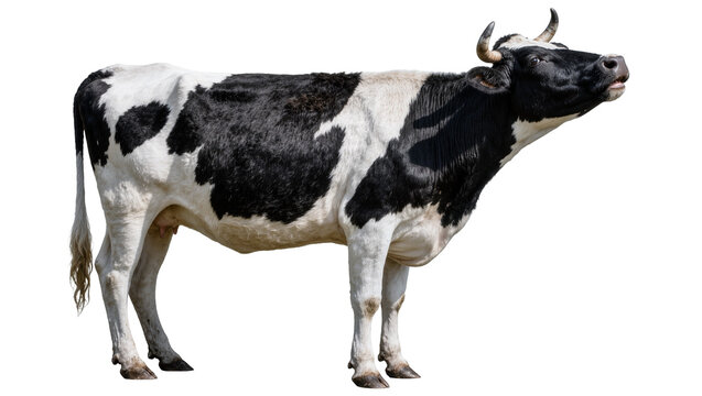 Black and white Holstein cow with horns, isolated on transparent background