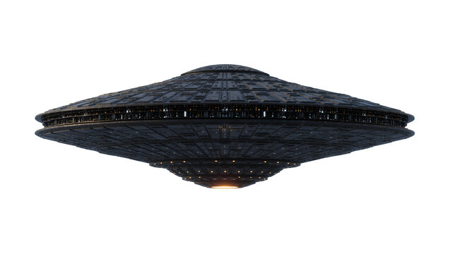 Detailed dark metallic alien spaceship with glowing lights, isolated on transparent background