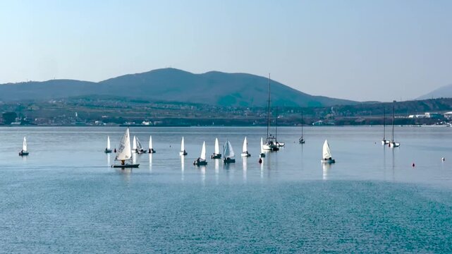 Multiple small sailing dinghies maneuvering on calm water during a training session for a regatta