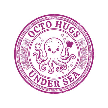 Circular purple octo hugs under sea stamp with cheerful cute cartoon octopus holding heart and bubble decorations.