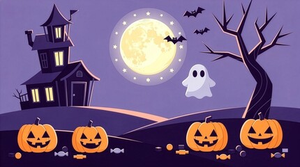 Fototapeta premium Spooky Halloween night background vector illustration with a haunted house, cute flying ghost, scary pumpkins, sweets, bats, and a dead tree under a big glowing full moon
