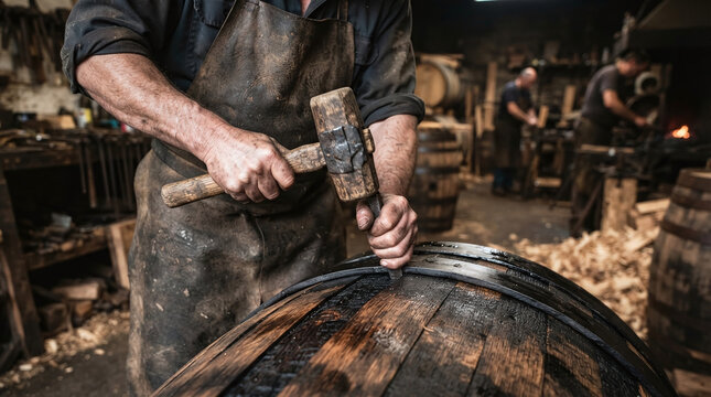 Cooper hands using hammer and hoop driver on charred oak wine barrel