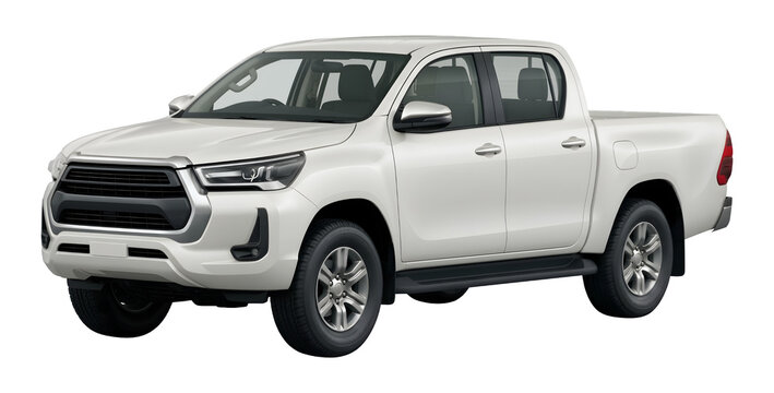 Three quarter front angle view of generic unbranded white double cabin pickup truck mockup isolated on transparent background