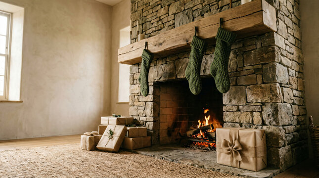 Cozy rustic living room interior featuring a massive stone fireplace with a warm burning fire, heavy wooden mantel, hanging green knit Christmas stockings, and wrapped holiday gifts on a woven rug.