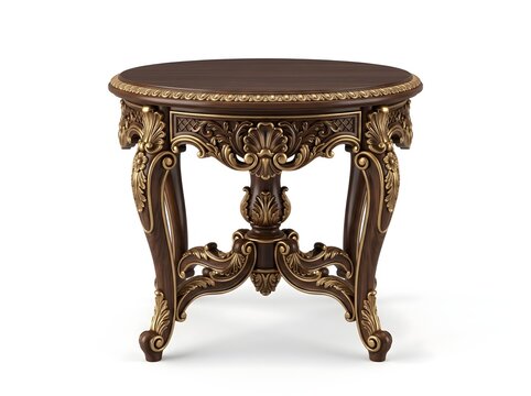 Ornate Vintage Baroque Style Wooden Side Table with Gold Carvings Isolated on White