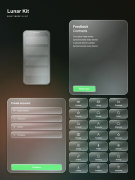 UI kit elements set with glassmorphism style, frosted glass buttons and icons for app and web