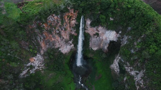 Sipiso Piso Waterfall in North Sumatra, Indonesia &ndash; Cinematic Drone Aerial View of Tropical Waterfall and Lush Mountain Landscape