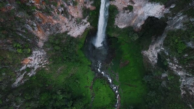 Sipiso Piso Waterfall in North Sumatra, Indonesia &ndash; Cinematic Drone Aerial View of Tropical Waterfall and Lush Mountain Landscape