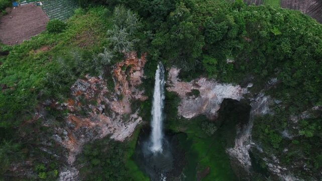 Sipiso Piso Waterfall in North Sumatra, Indonesia &ndash; Cinematic Drone Aerial View of Tropical Waterfall and Lush Mountain Landscape