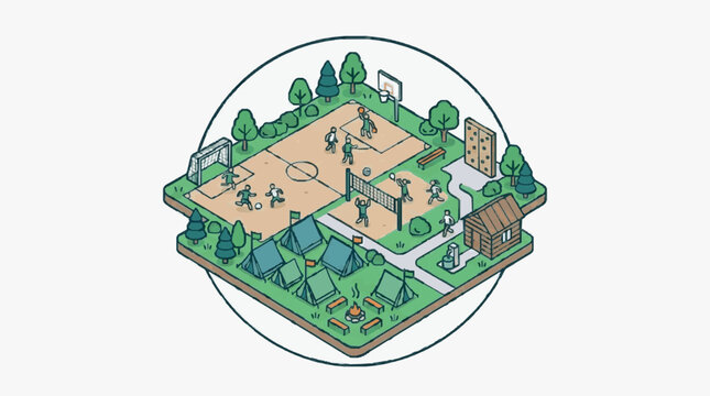 Isometric illustration of a vibrant community park and neighborhood.
