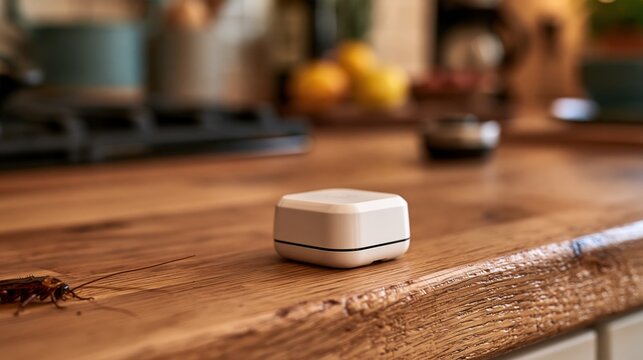 Cockroach near kitchen baseboard with pest monitoring device on clean wooden surface