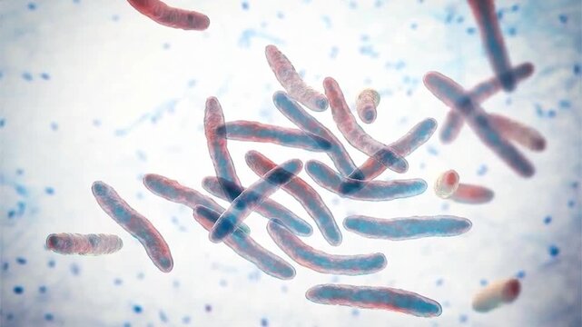 Mycobacterium tuberculosis bacterium, 3D animation showing slender rod-shaped bacilli, the causative agent of tuberculosis disease.