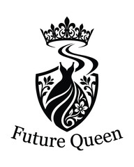 Elegant future queen logo featuring black dress silhouette within shield frame and ornamental fleur de lis crown for fashion or pageant branding. © Iconic Studio