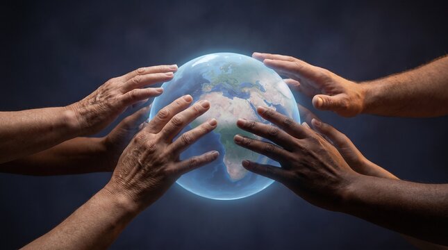 Diverse hands reaching toward a glowing Earth globe