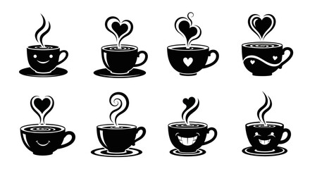 Obraz premium Set of eight cartoon coffee cups with heart shaped steam and smiling faces, black and white vector art for cafe or restaurant branding