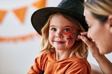Fototapeta premium Child in witch costume getting Halloween face paint by makeup artist