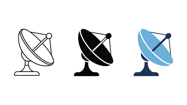 Satellite dish parabolic antenna vector icon set bundle representing space communication, signal receiver, telecommunication radar, broadcasting antenna, and satellite network in outline, solid, and b
