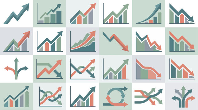 Business chart vector icon set, financial growth bar graph collection, retro stock market trend line graphics for presentation