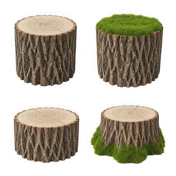Set of realistic wooden tree log stumps with green forest moss isolated icons