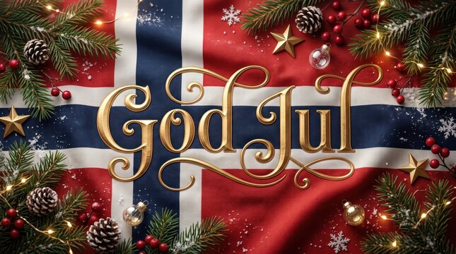 Ultra-realistic Norwegian Christmas greeting card with God Jul gold lettering on a luxurious flag background