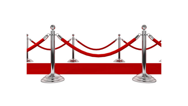 Red velvet rope barrier with polished metal stanchions on transparent background