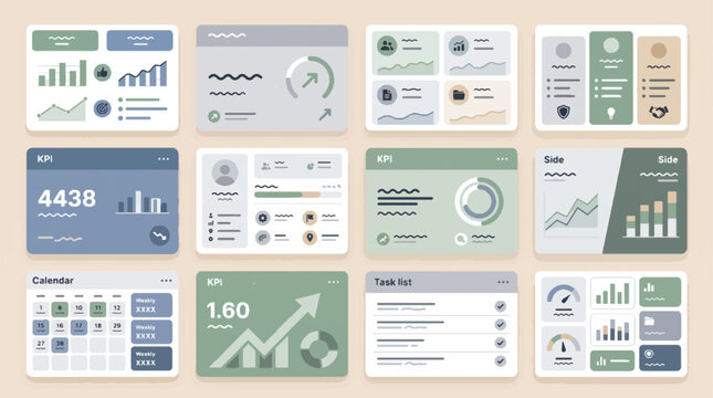 Modern UI Dashboard Vector Widgets Set, Minimalist Dashboard UI UX Components Kit, Pastel Data Visualization Charts
