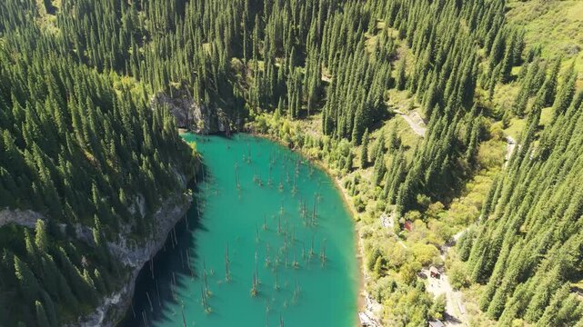 Kaindy Lake in Kazakhstan drone aerial 4k