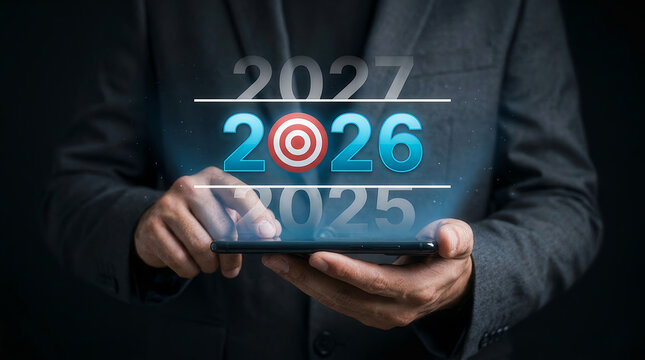 Businessman using tablet with 2026 target new year goals