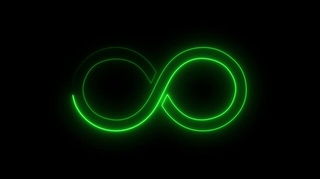 Neon green infinity symbol glowing animation loop, abstract mathematical concept and eternal cycle motion