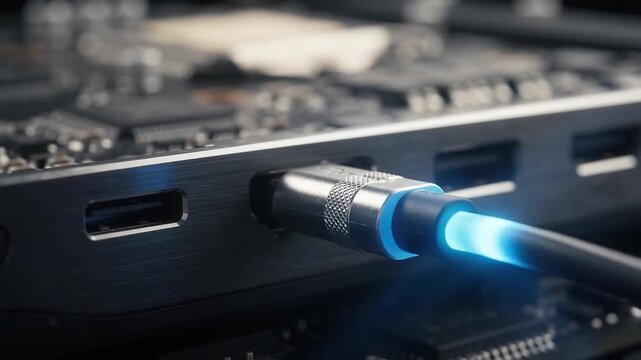 Glowing high speed data cable connected to metallic electronic device port, modern technology digital transfer background, macro hardware connectivity footage