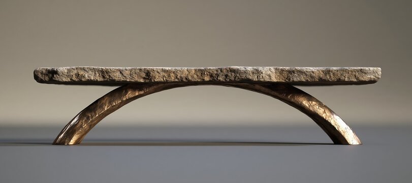 Bronze arch supporting rough stone slab with visible texture