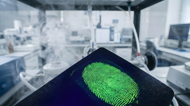 Close up of neon green fingerprint on dark pad in forensic laboratory with blurred scientific equipment setup lab