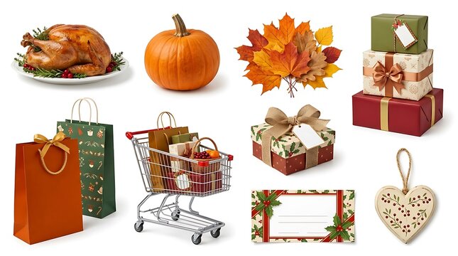 Set of thanksgiving and autumn holiday elements including roasted turkey pumpkin autumn leaves gift boxes shopping bags and a shopping cart