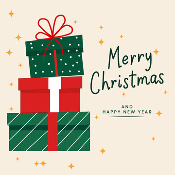 Festive stack of christmas gifts with ribbon and holiday greetings on a neutral background