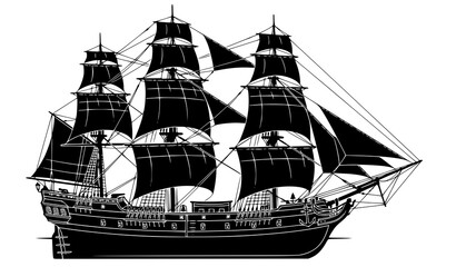 Vintage Sailing Ship Black Silhouette Nautical Adventure Vector © MDNOYON