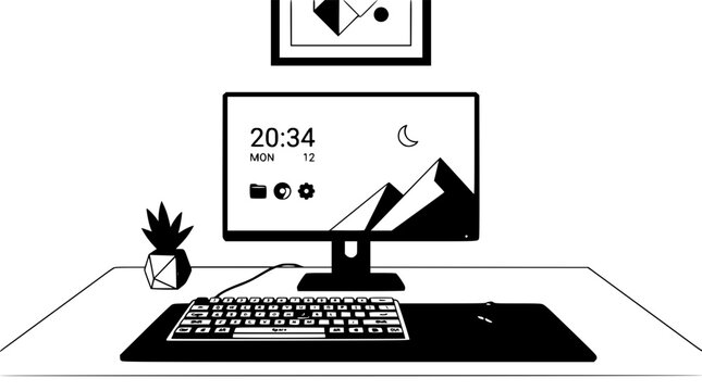 Minimal desktop computer setup set with simple line art design featuring sketches, drawings, vector graphics with minimalist and simple illustrations