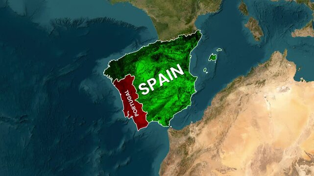 Spain and Portugal highlighted on high resolution satellite map animation video footage with country borders and text labels