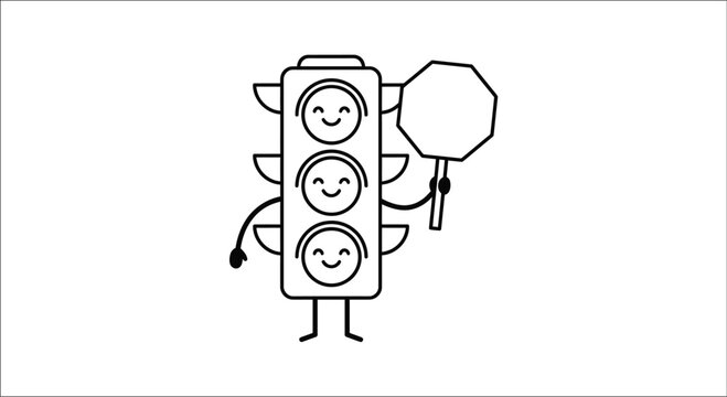 Cartoon traffic light character holding a blank sign a whimsical line drawing trafficlight semaphore roadsign