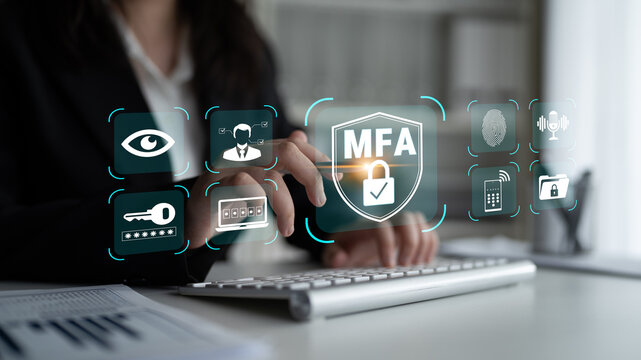 Professional Woman Engaging in Multi-Factor Authentication with Security Icons and Digital Interface in Modern Office Setting. Glyphic.
