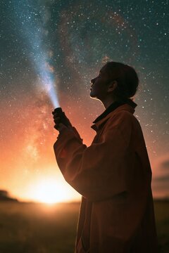 Silhouette person with flashlight under a starry sky and milky way for night background wallpaper and outdoor astronomy poster