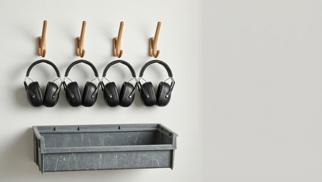 Hearing protection earmuffs stored on workshop pegs
