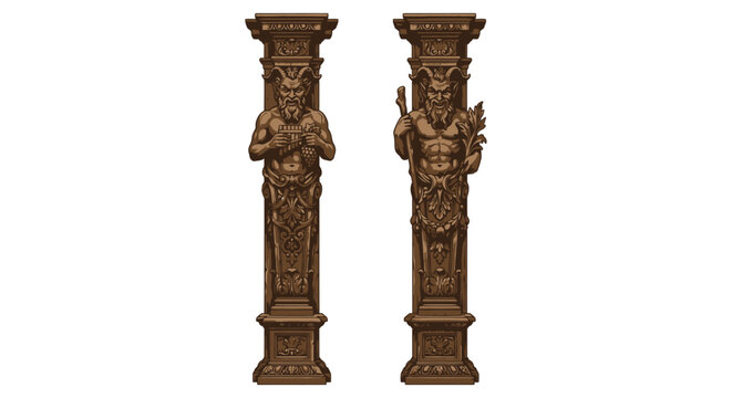 Ornate carved pilasters depicting a horned mythological figure on a white background