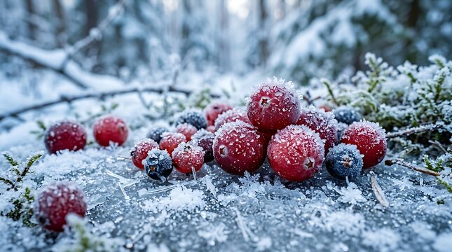 Fresh Cranberries and Blueberries Covered in Frost Winter Background
