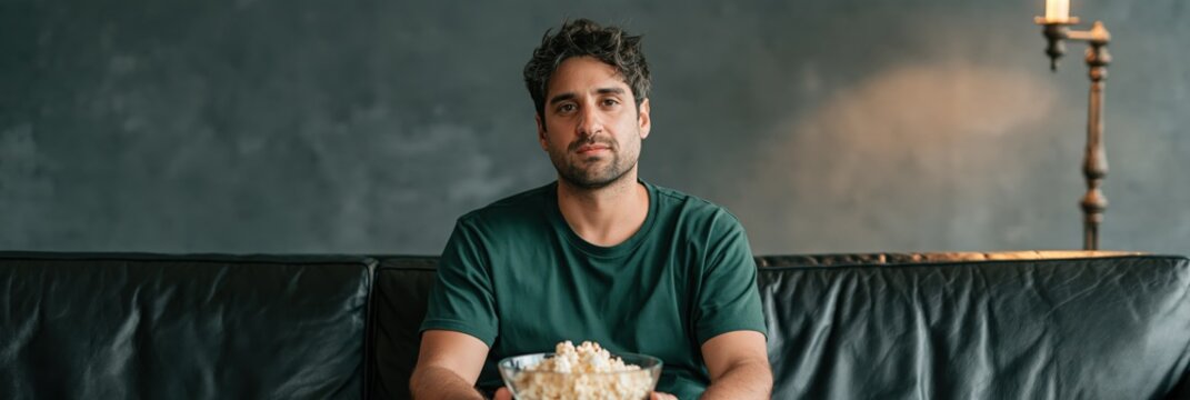 Young man sitting on couch with bowl of popcorn watching movie or tv for entertainment background and streaming banner