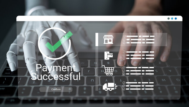 A robotic hand is depicted on a laptop keyboard, interacting with a digital payment successful confirmation interface, showcasing innovation in online shopping and transactions. Ledger